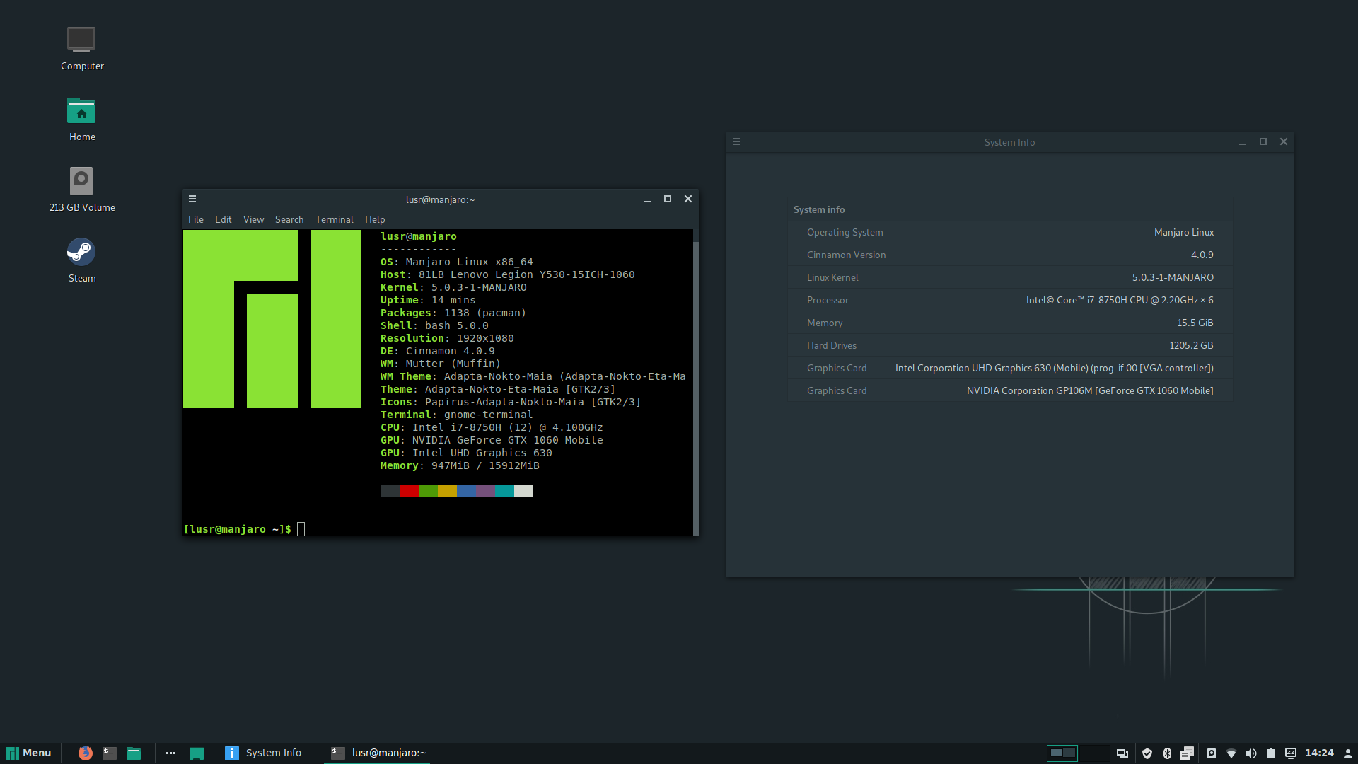 Manjaro desktop screenshot: 18.0.4 about and neofetch