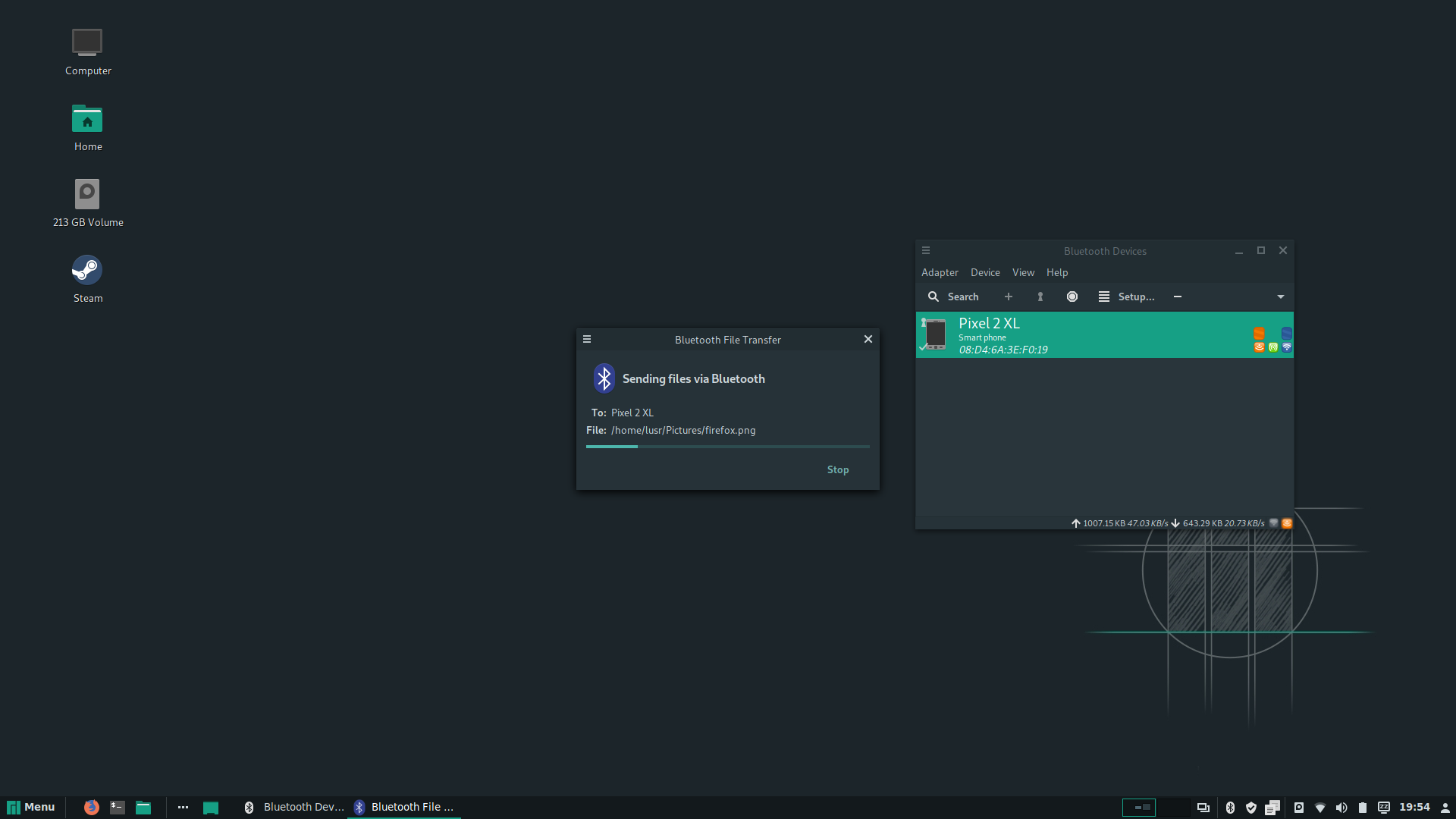 Manjaro desktop screenshot: 18.0.4 bluetooth send receive play music