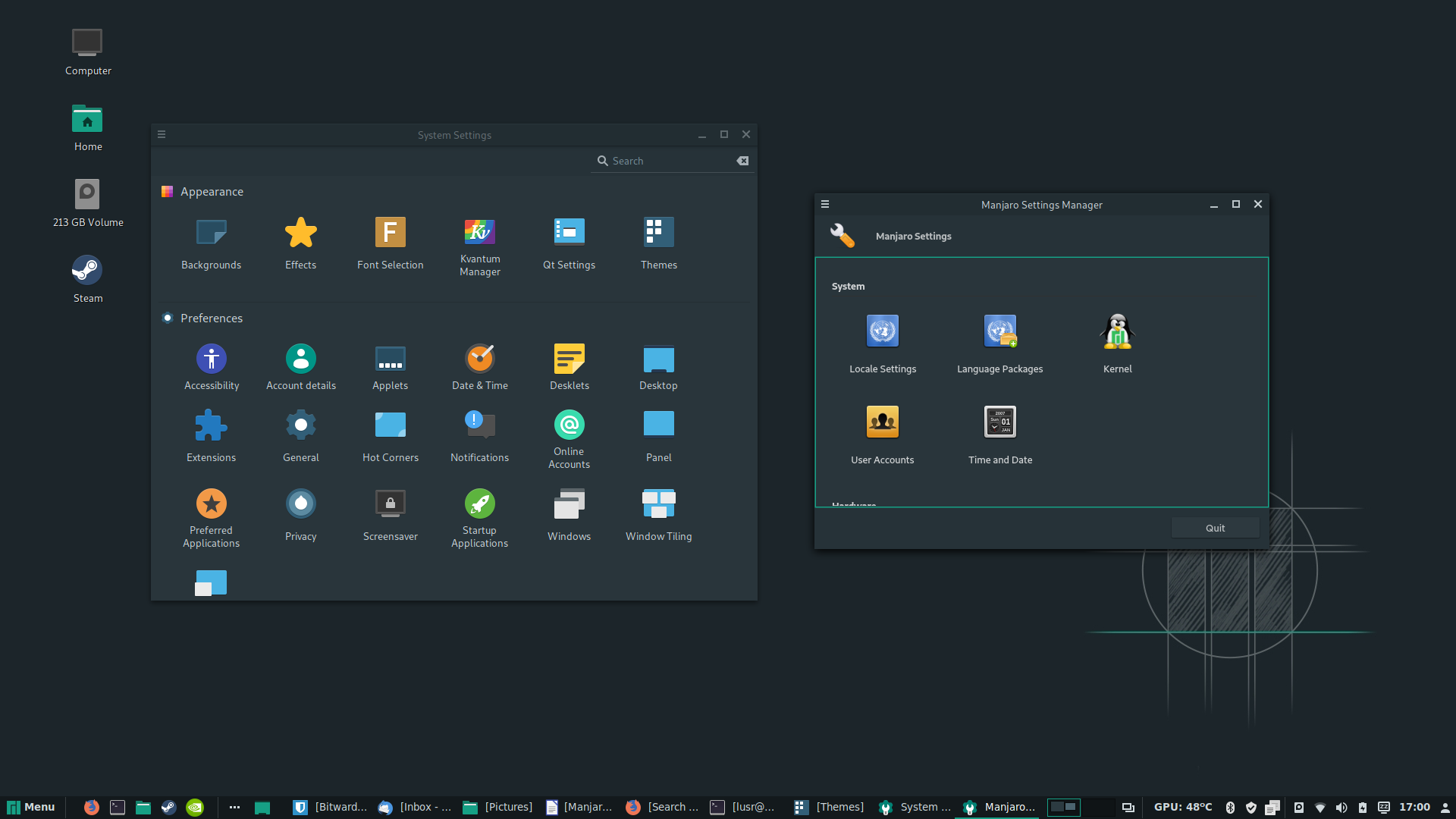 Manjaro desktop screenshot: 18.0.4 settings