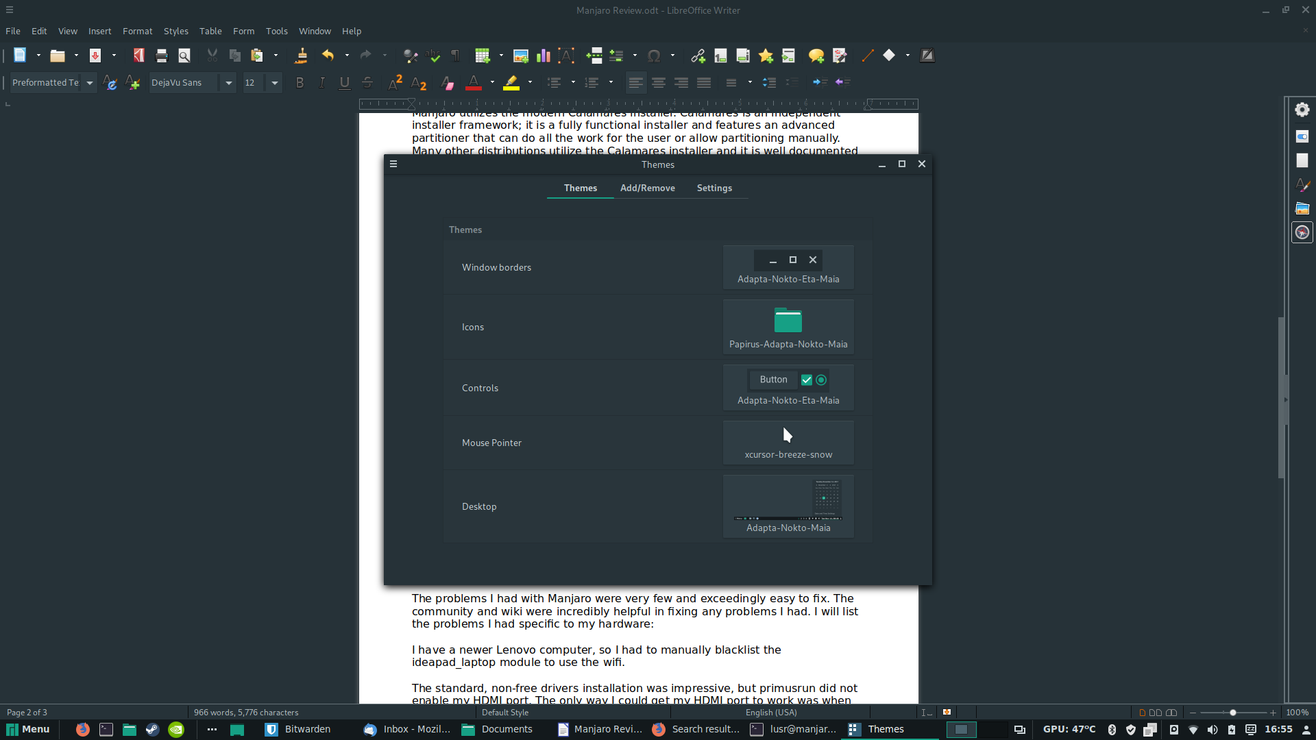Manjaro desktop screenshot: 18.0.4 themes and programs