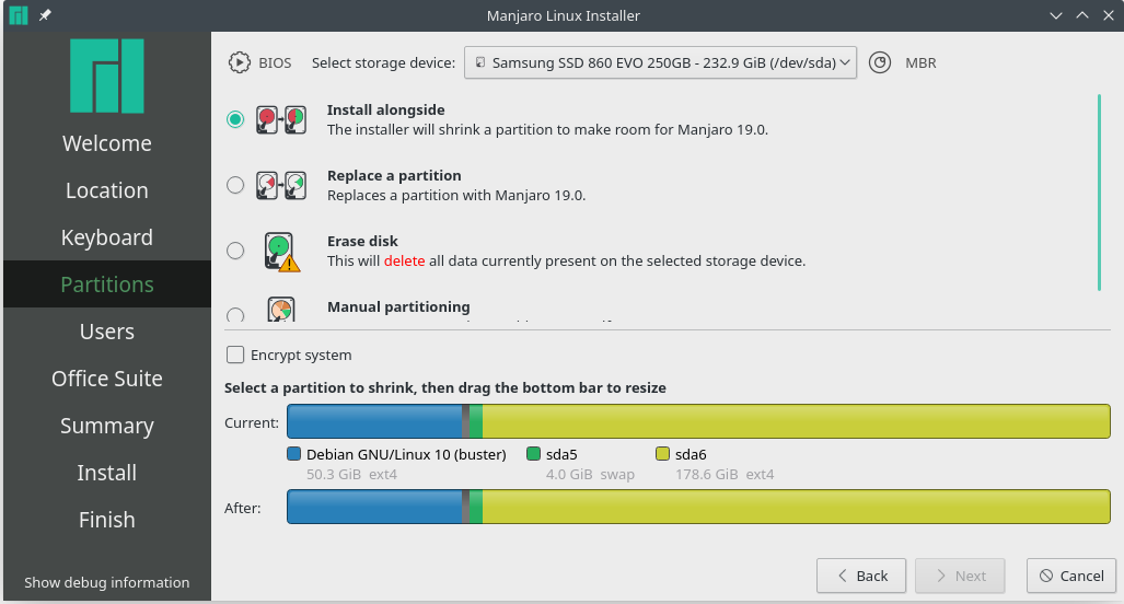 Manjaro desktop screenshot: 19.0 installer