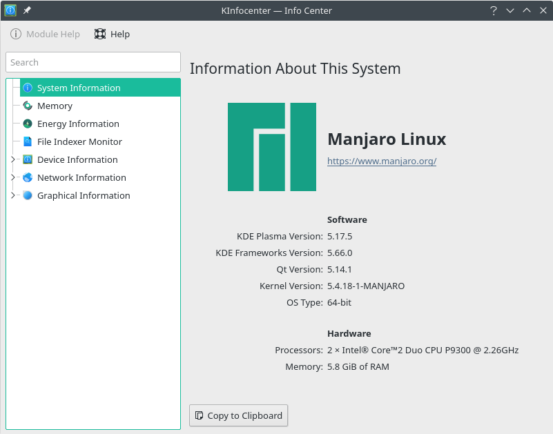 Manjaro desktop screenshot: 19.0 sysinfo