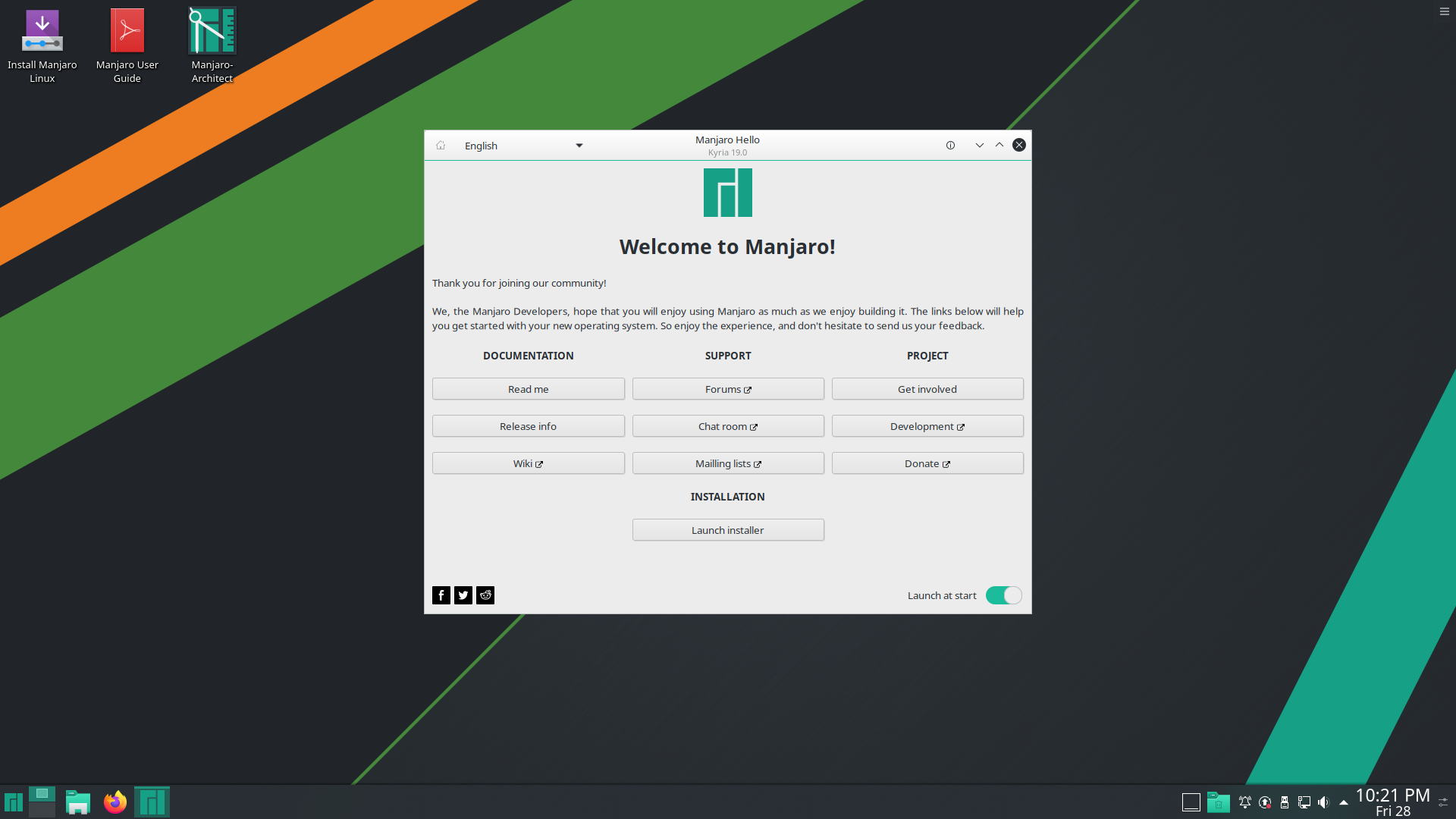 Manjaro desktop screenshot: 19.0 welcome