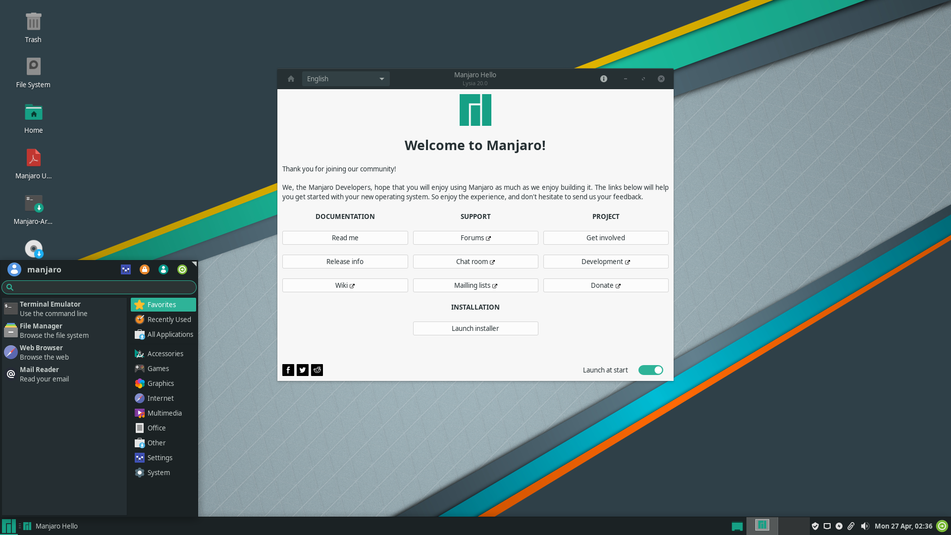Manjaro desktop screenshot: 20.0