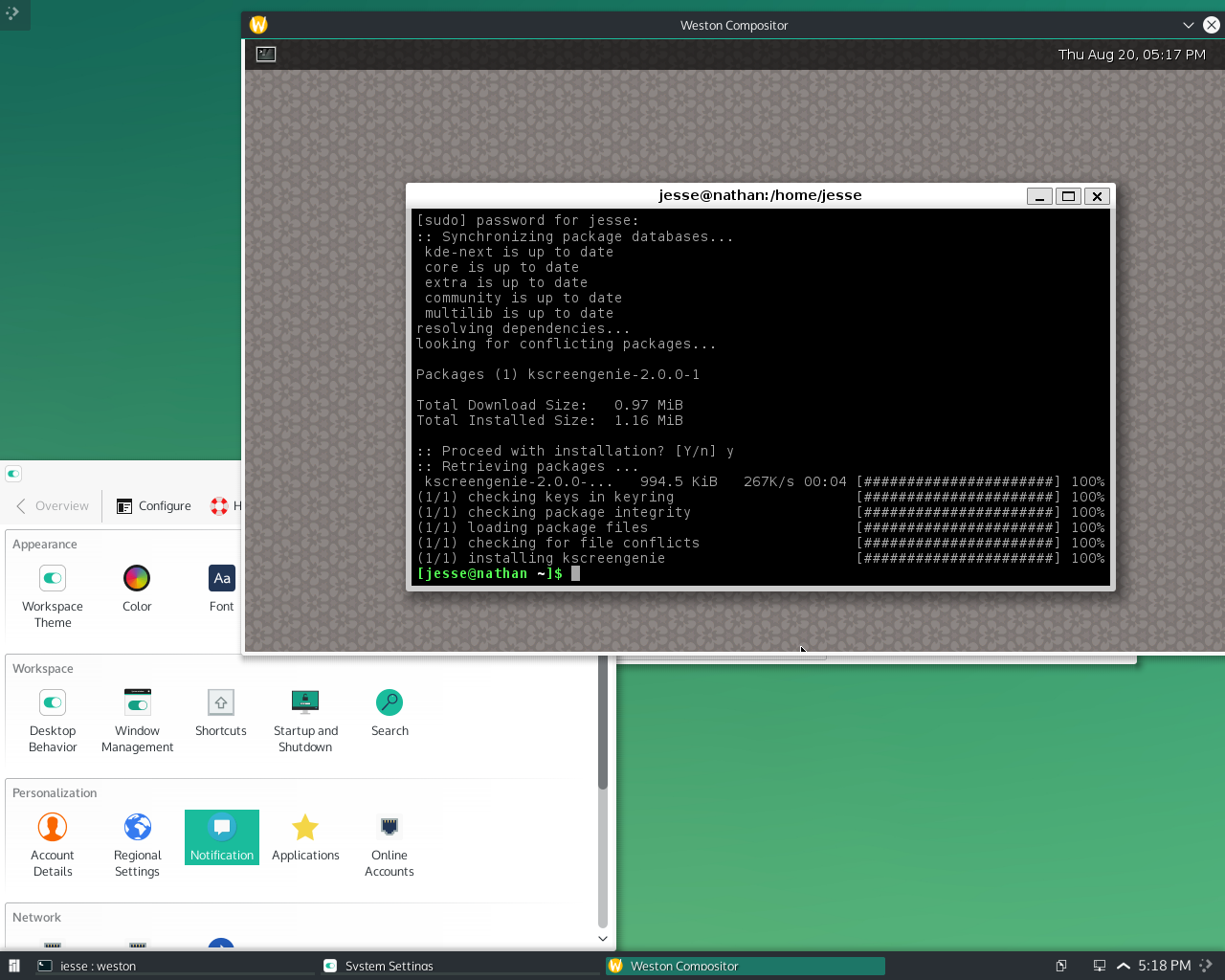 Manjaro desktop screenshot: 2015.08 weston