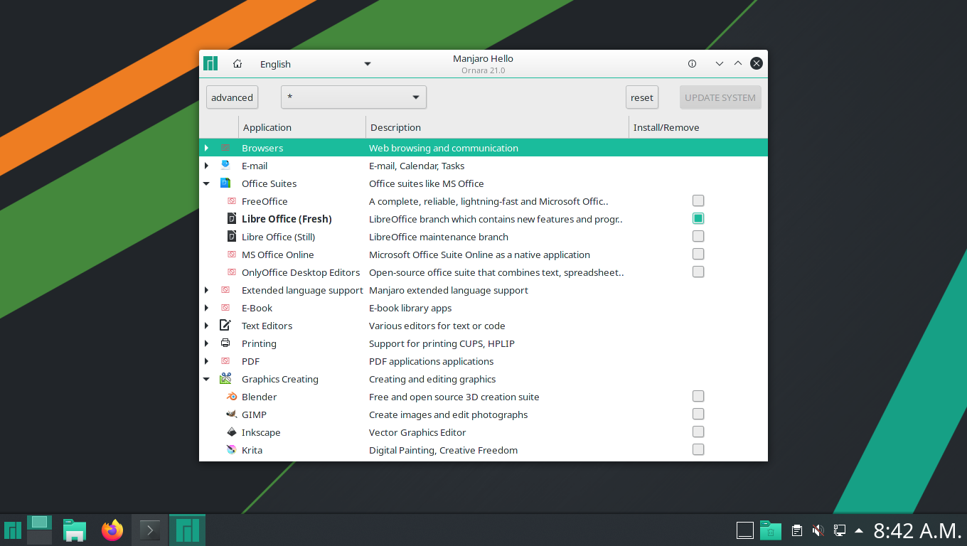 Manjaro desktop screenshot: 21.0 applications