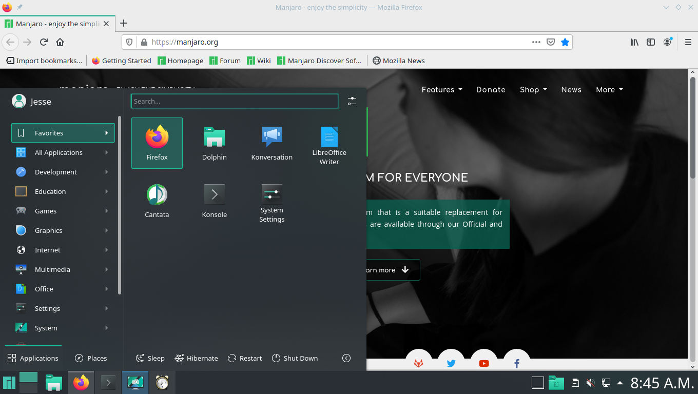Manjaro desktop screenshot: 21.0 menu