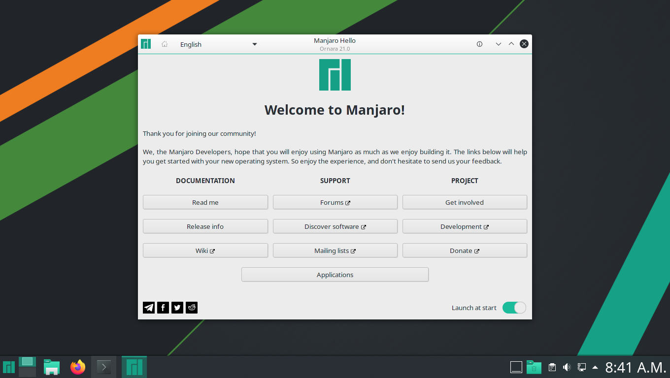 Manjaro desktop screenshot: 21.0 welcome