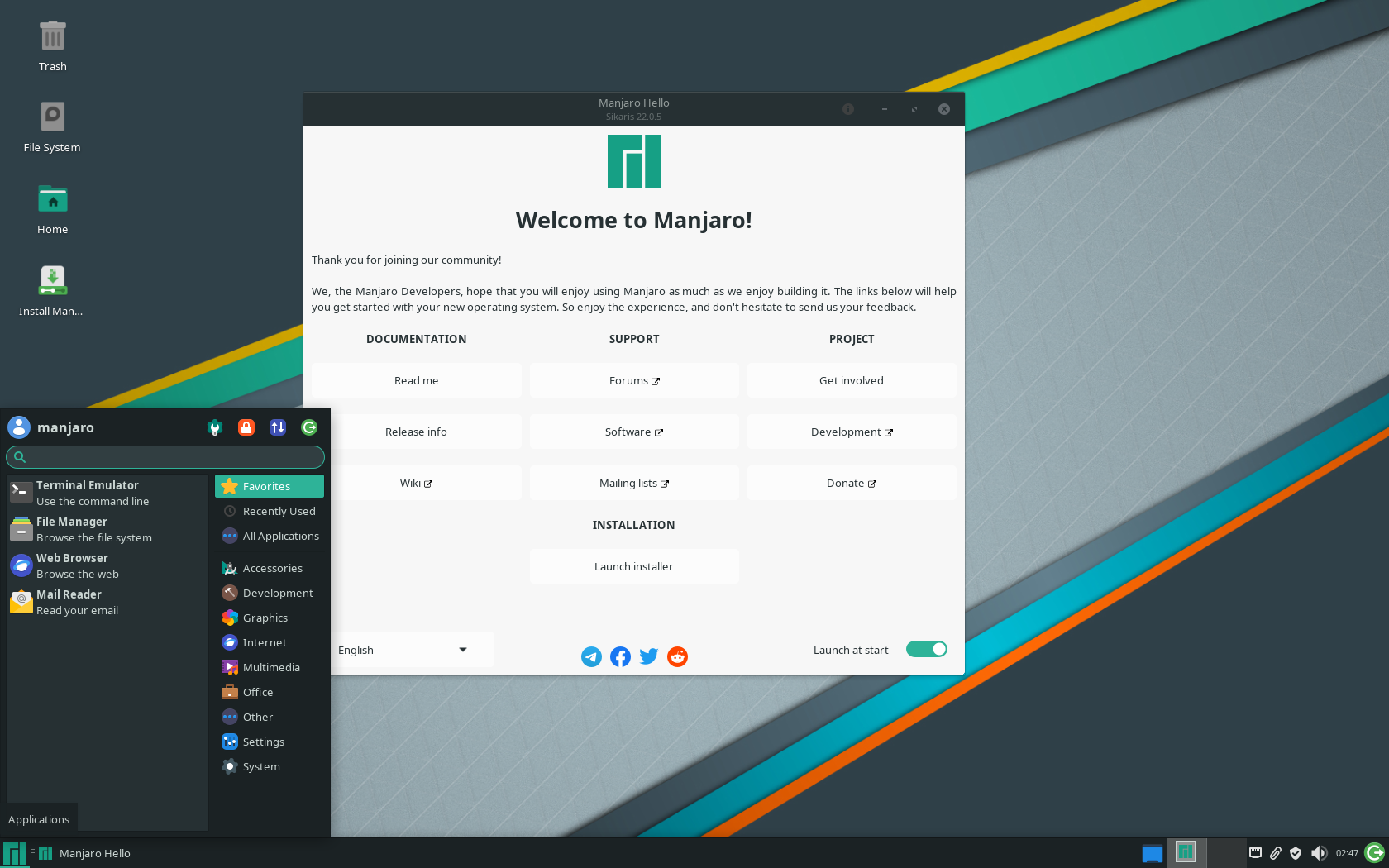 Manjaro desktop screenshot: 22.0 xfce