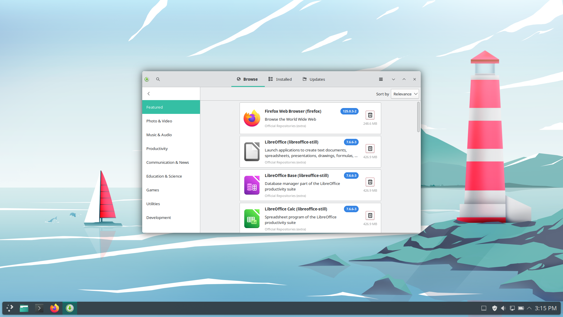 Manjaro desktop screenshot: 24.0 pamac