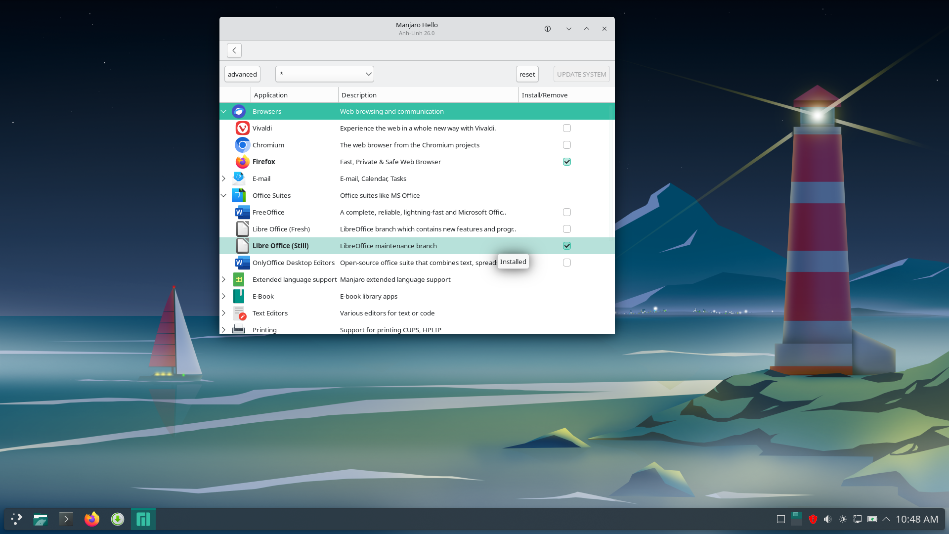 Manjaro desktop screenshot: 26.0 applications