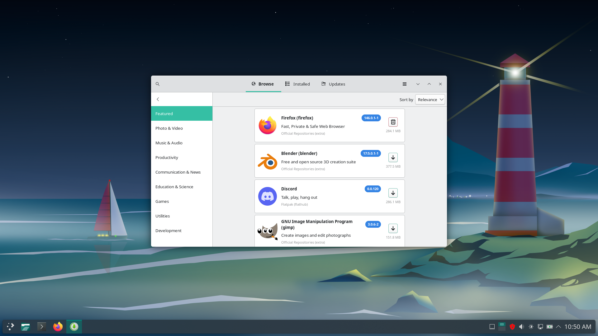 Manjaro desktop screenshot: 26.0 pamac