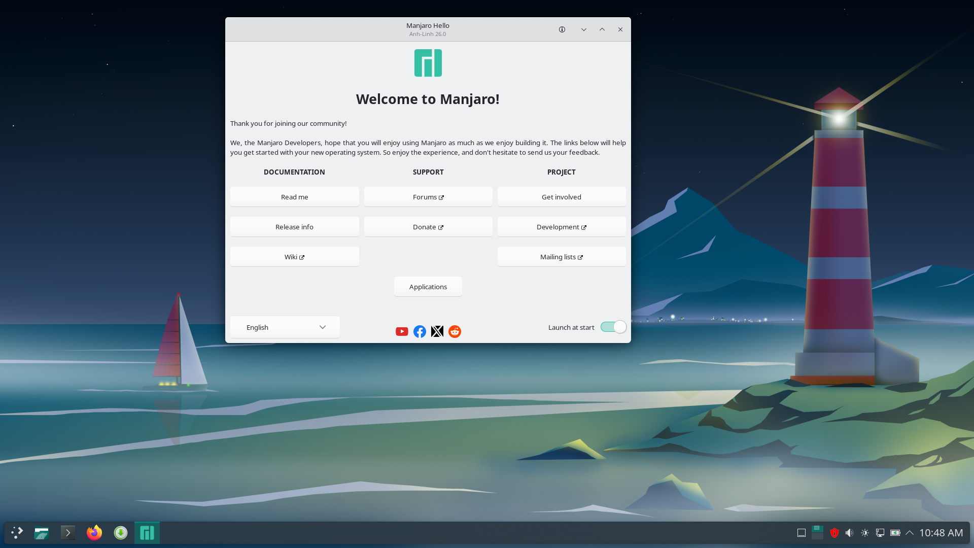 Manjaro desktop screenshot: 26.0 welcome