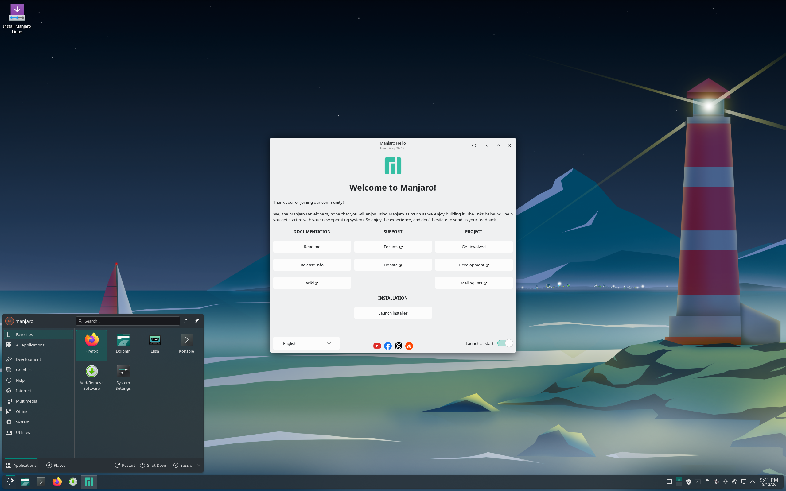 Manjaro desktop screenshot: 26.1.0 kde
