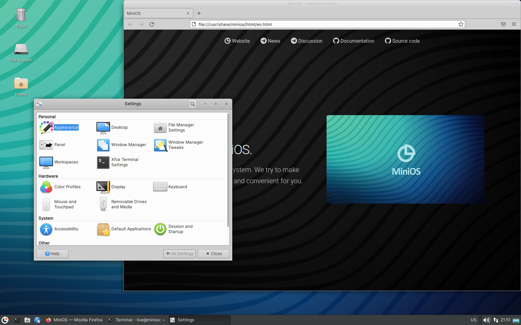 MiniOS desktop screenshot: 20230606 settings