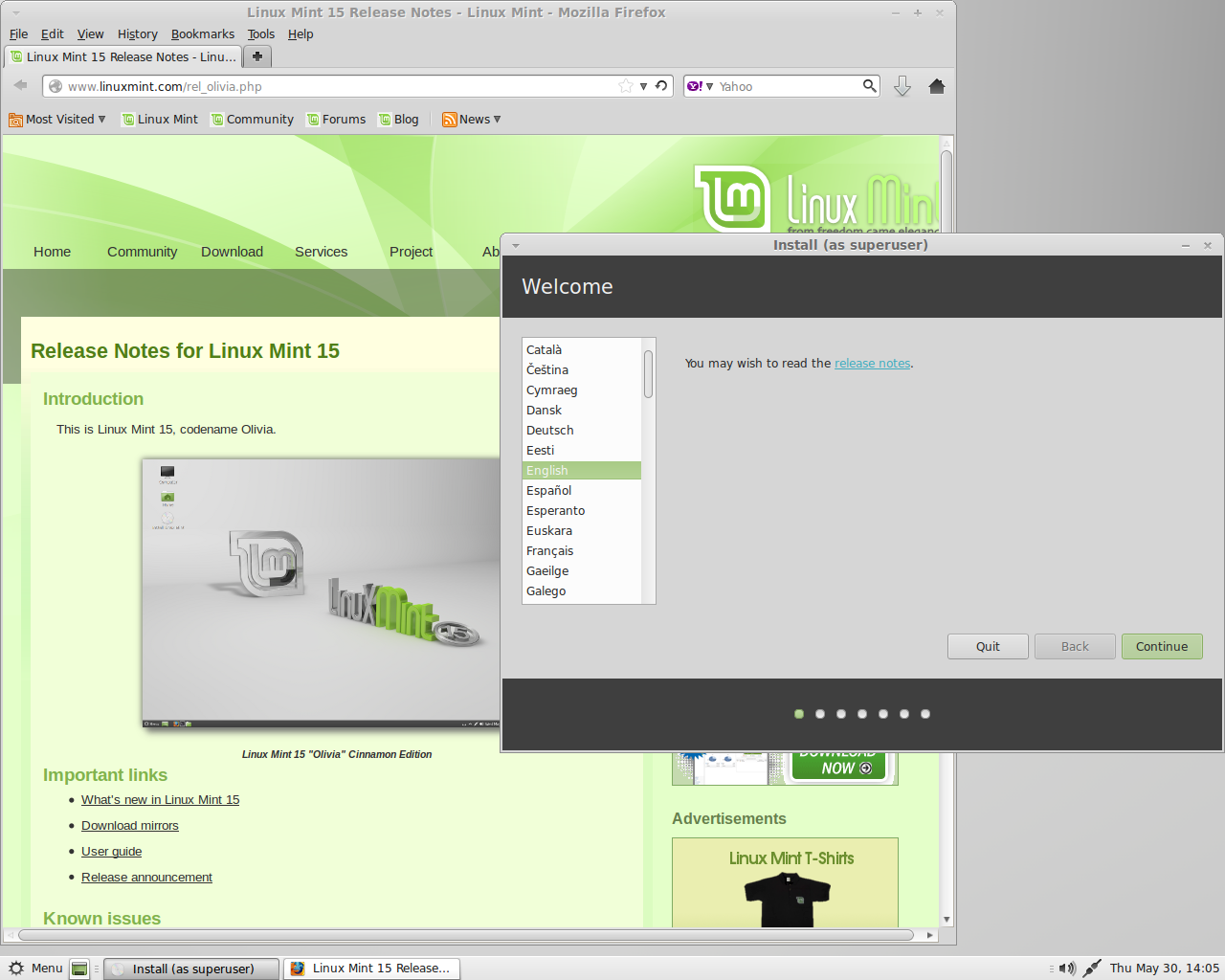 Linux Mint desktop screenshot: linuxmint 15 installer