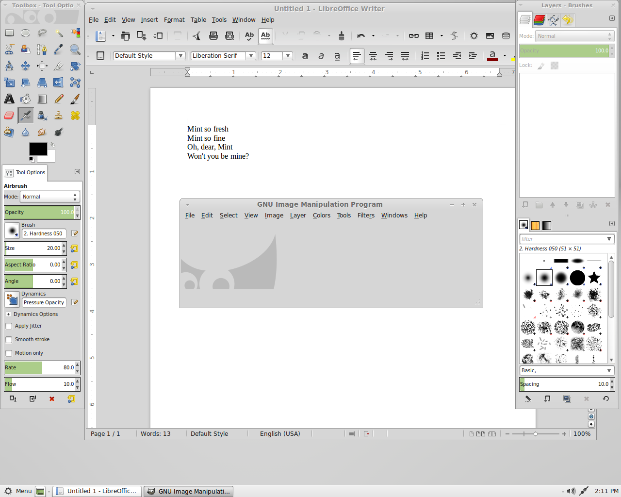 Linux Mint desktop screenshot: linuxmint 15 office