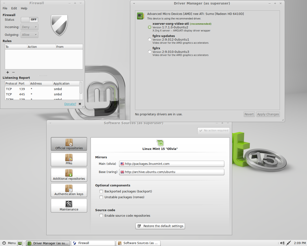 Linux Mint desktop screenshot: linuxmint 15 settings