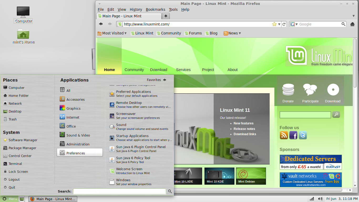 Linux Mint desktop screenshot: 11 firefox