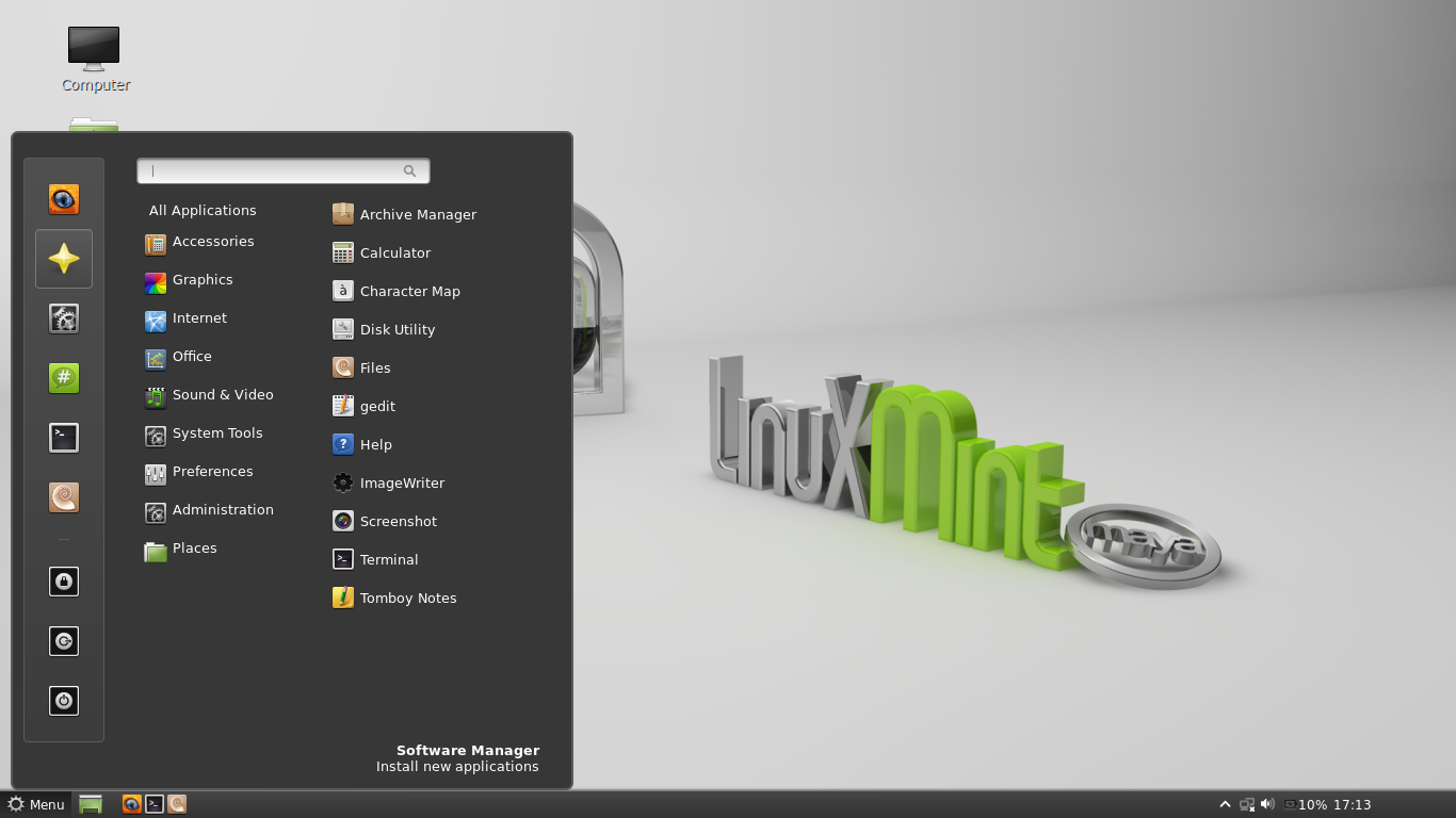 Linux Mint desktop screenshot: 13 cinnamon menu