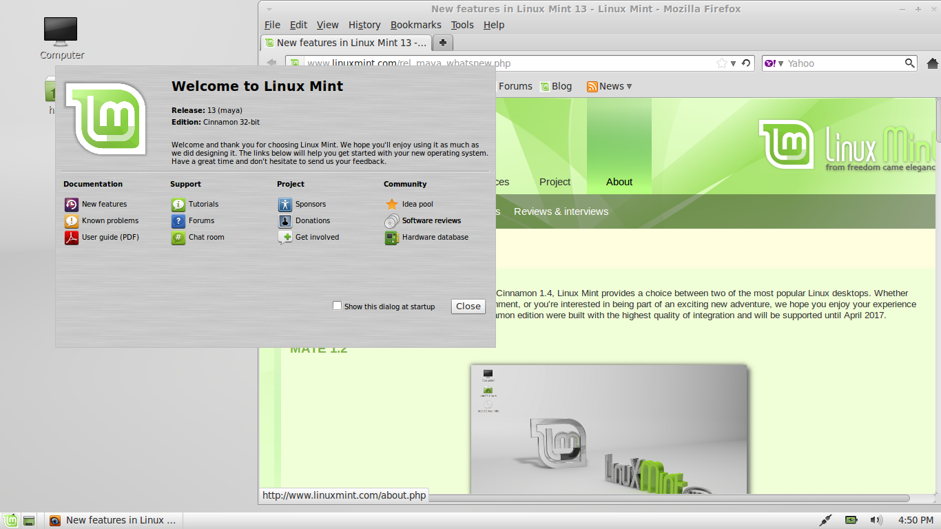 Linux Mint desktop screenshot: 13 welcome