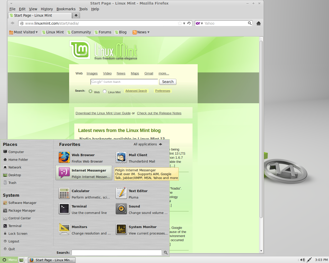 Linux Mint desktop screenshot: 14 menu