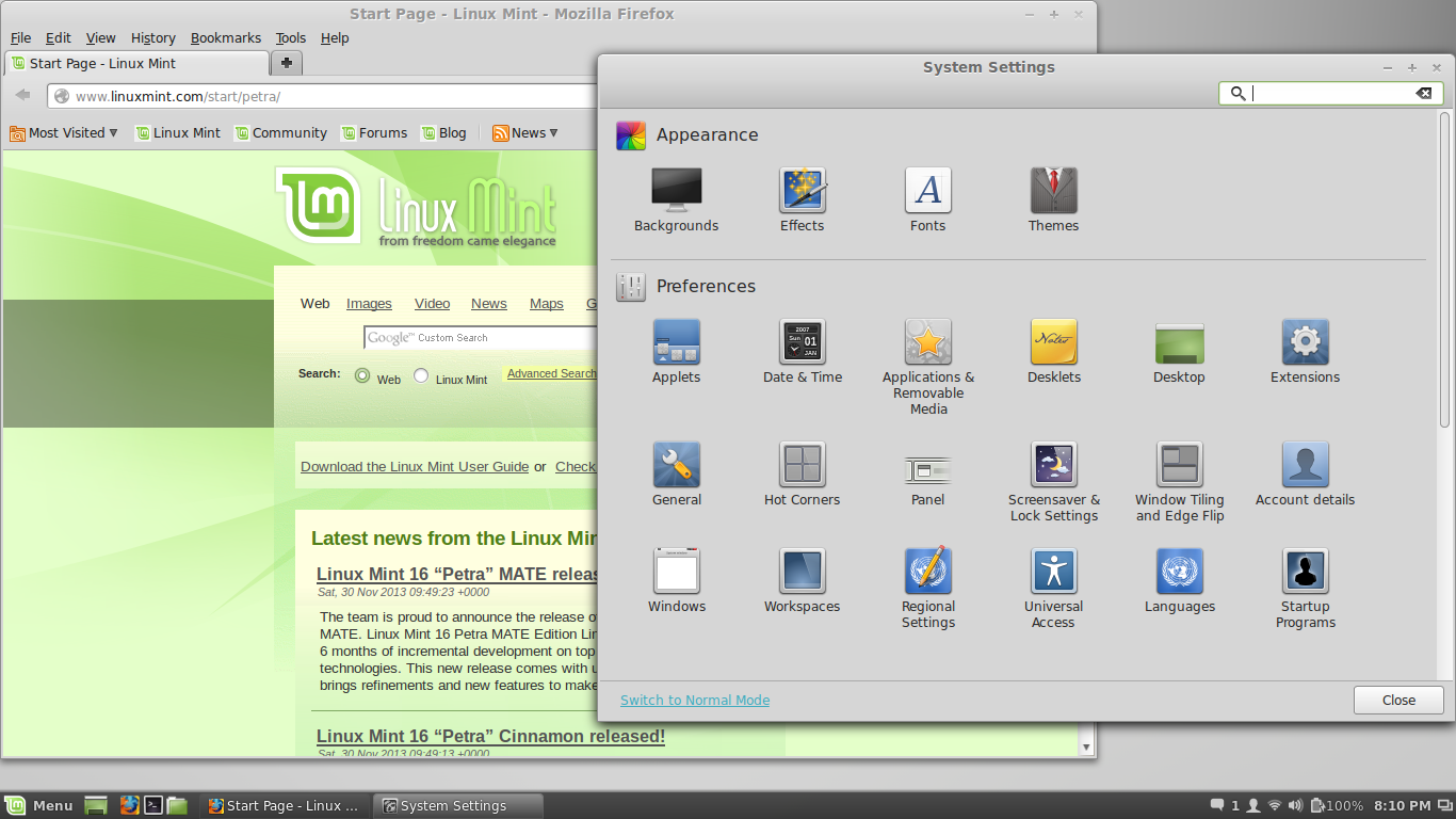 Linux Mint desktop screenshot: 16 settings