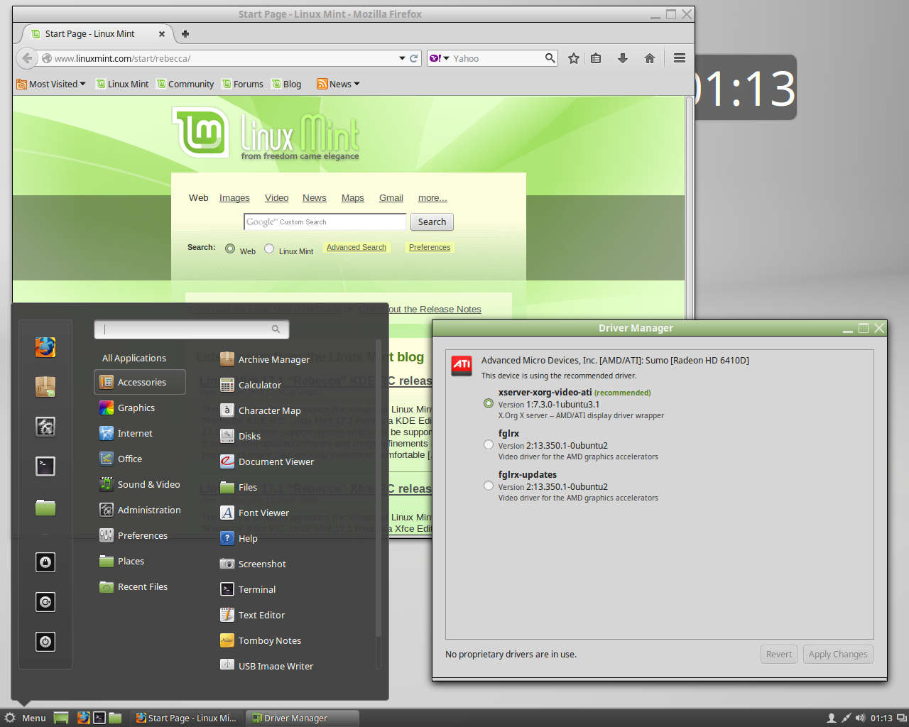 Linux Mint desktop screenshot: 17.1 menu