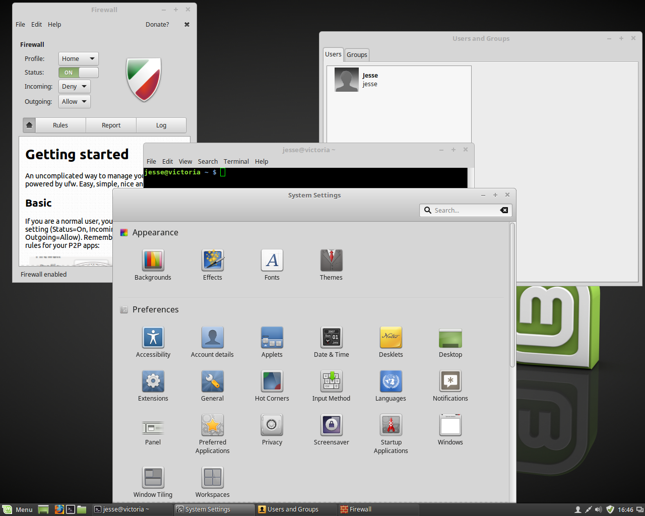 Linux Mint desktop screenshot: 18 settings