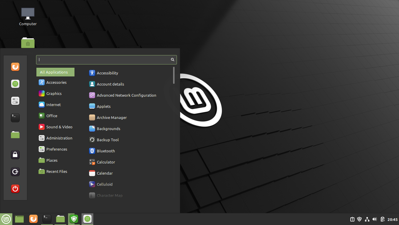 Linux Mint desktop screenshot: 20 menu