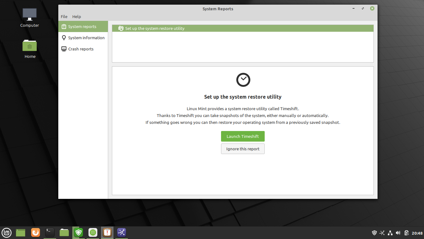 Linux Mint desktop screenshot: 20 reports