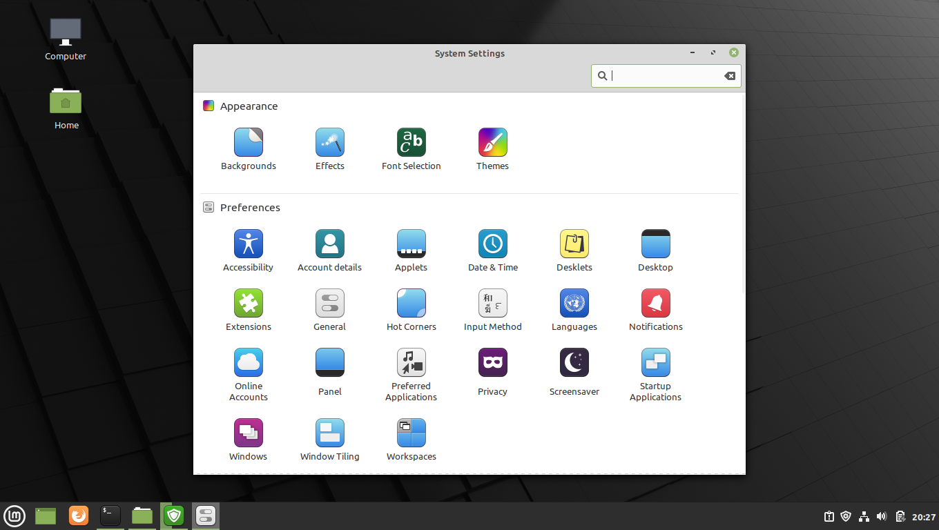Linux Mint desktop screenshot: 20 settings