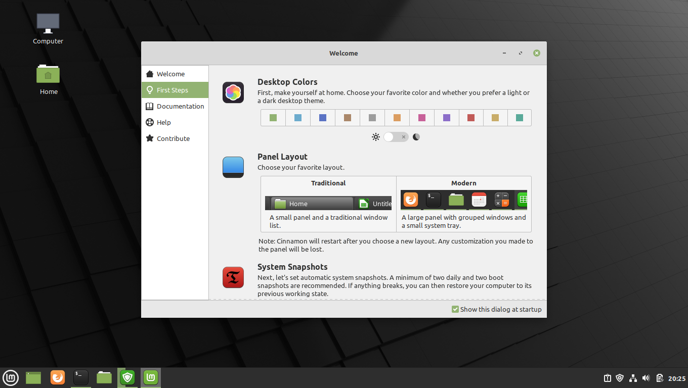 Linux Mint desktop screenshot: 20 welcome