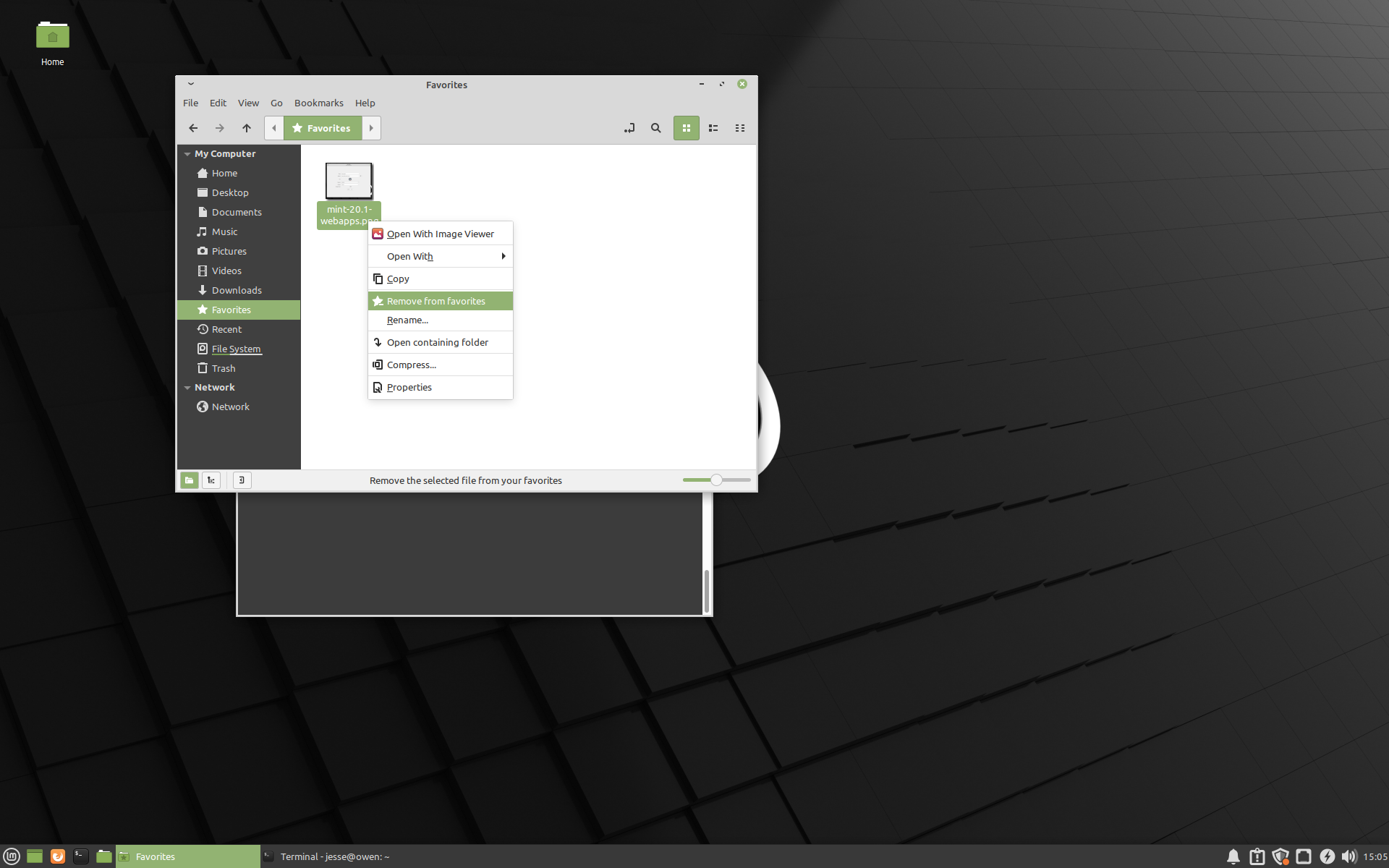 Linux Mint desktop screenshot: 20.1 favourites