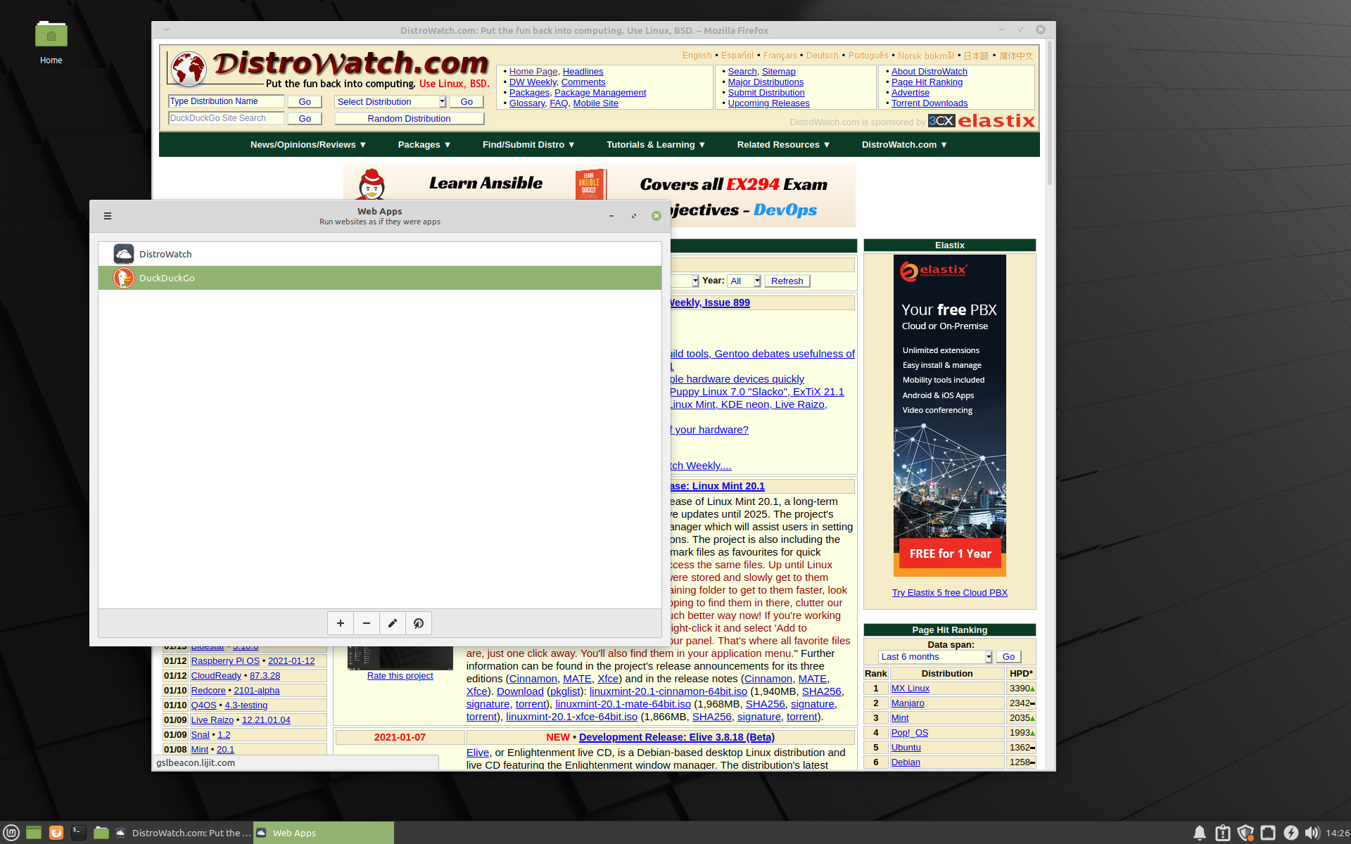 Linux Mint desktop screenshot: 20.1 webapps launcher