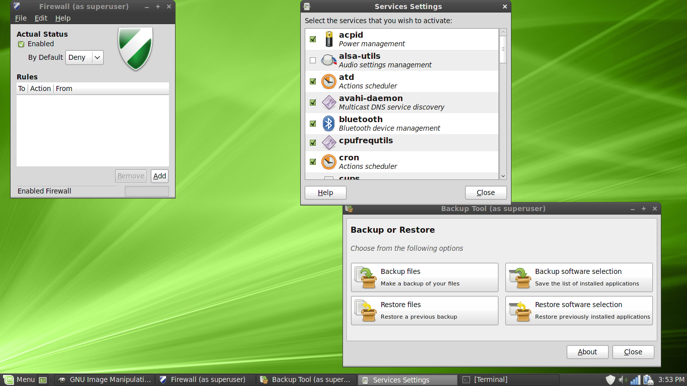 Linux Mint desktop screenshot: 201009 debian admin