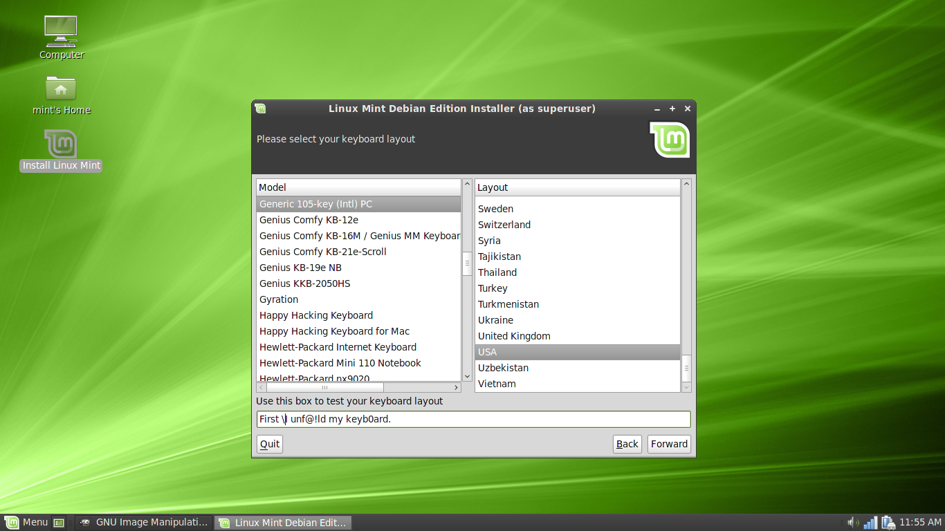 Linux Mint desktop screenshot: 201009 debian installer