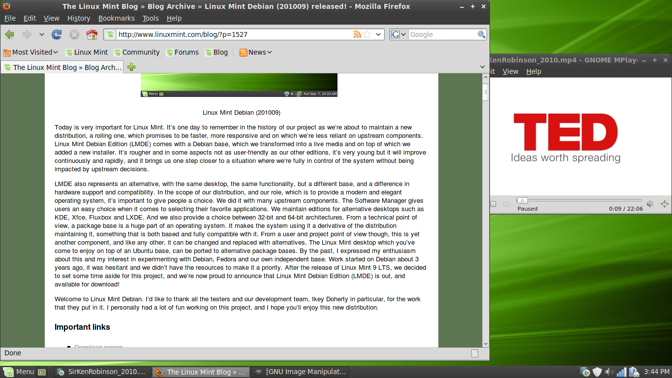 Linux Mint desktop screenshot: 201009 debian web