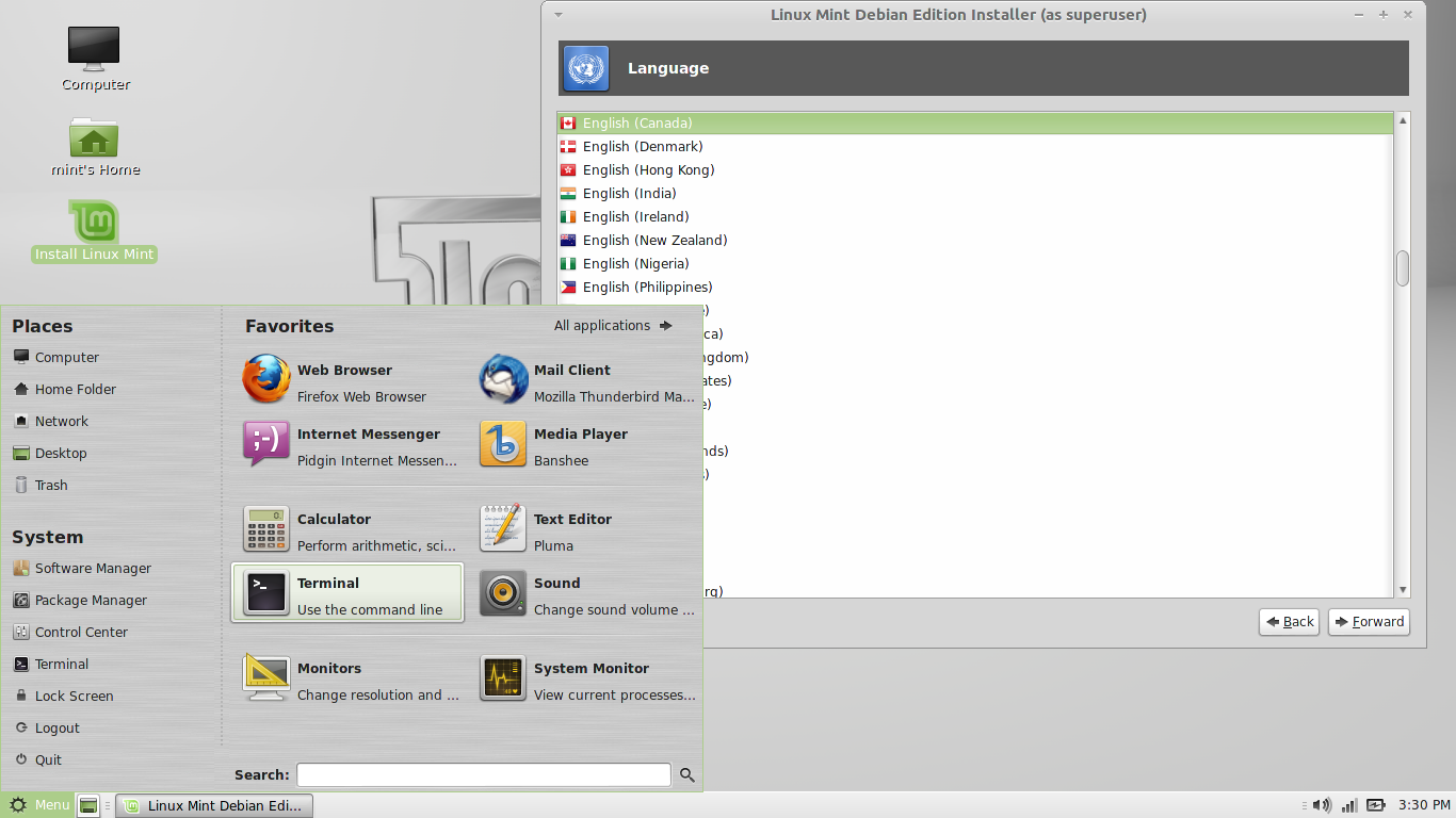 Linux Mint desktop screenshot: 201303 installer
