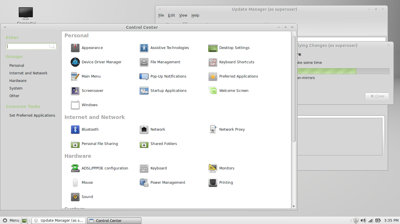 Linux Mint desktop screenshot: 201303 settings