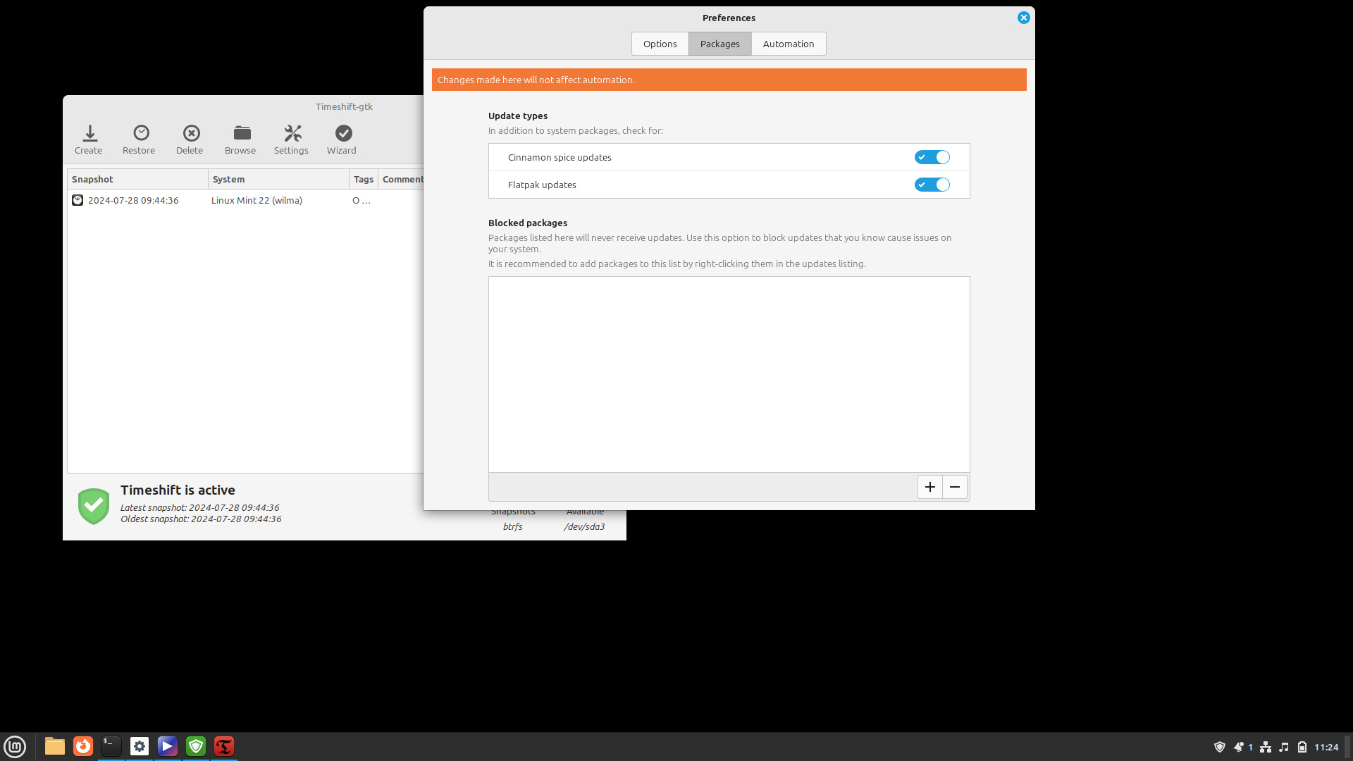 Linux Mint desktop screenshot: 22 timeshift