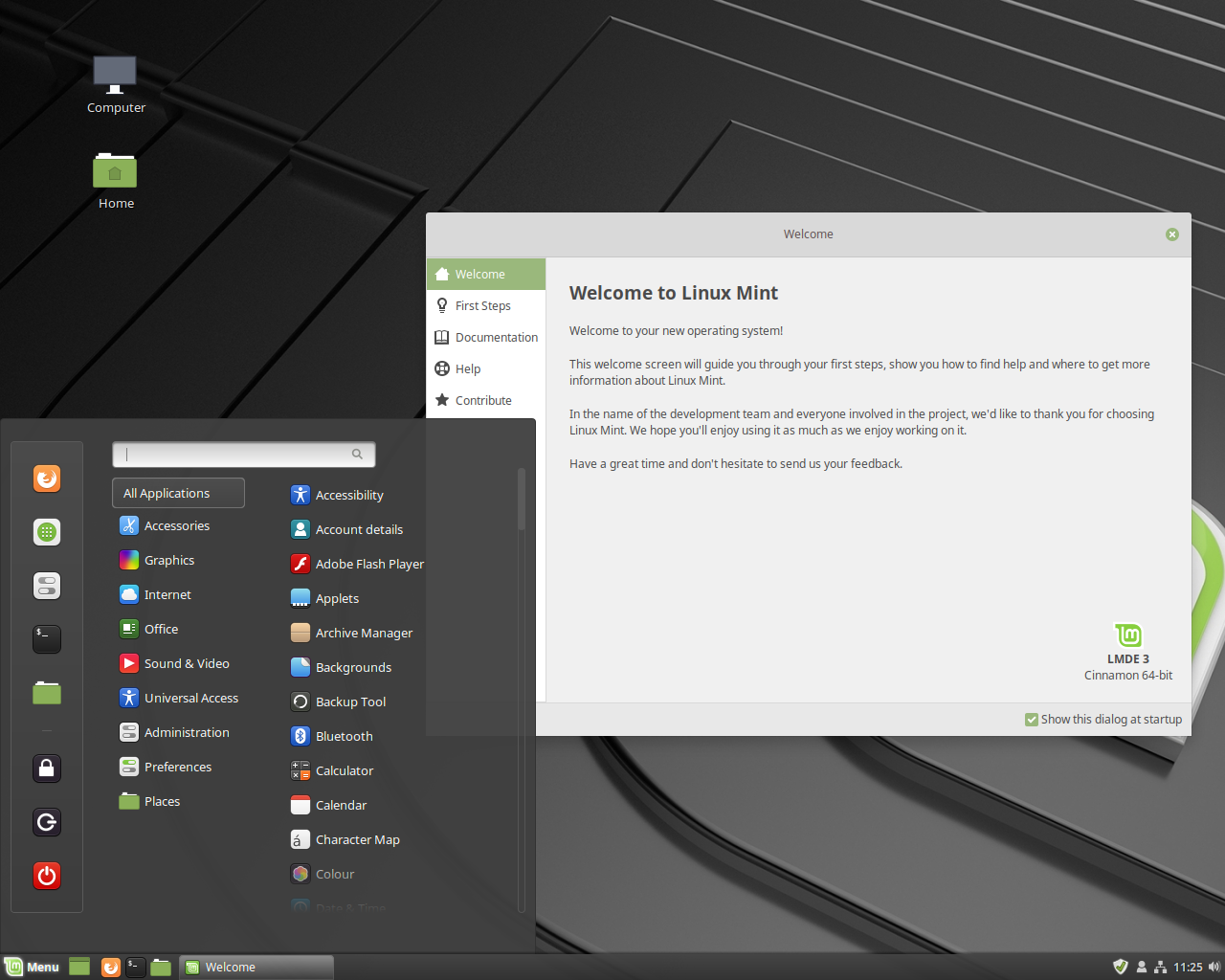 Linux Mint desktop screenshot: 3 lmde menu