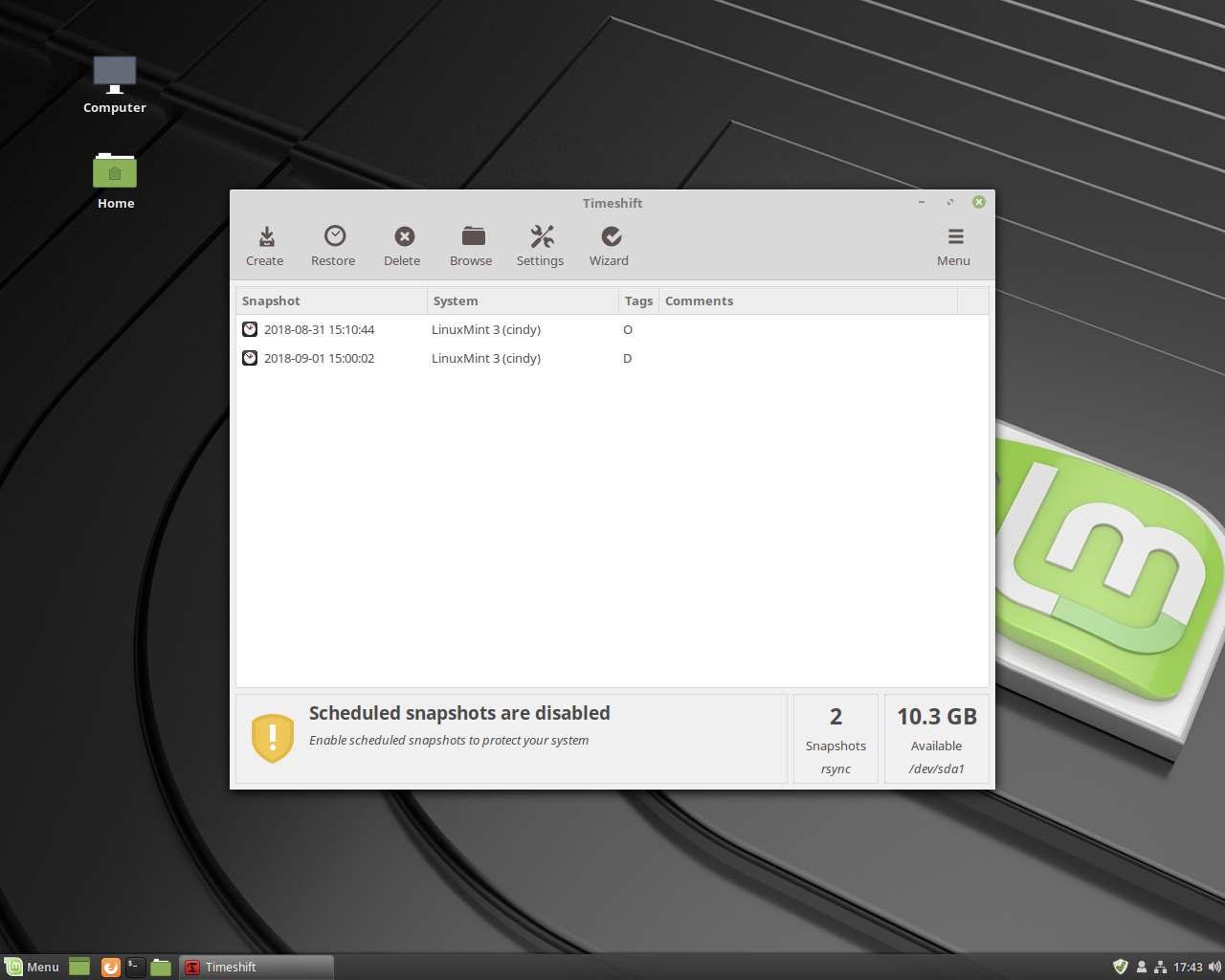 Linux Mint desktop screenshot: 3 lmde timeshift