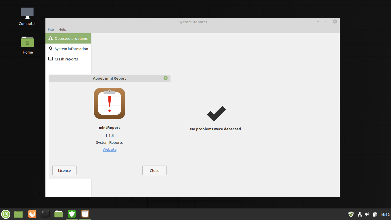 Linux Mint desktop screenshot: 4 system reports