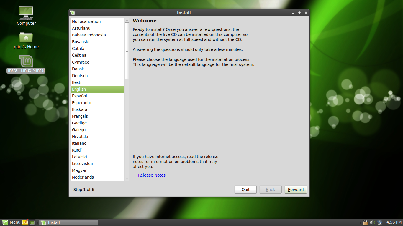 Linux Mint desktop screenshot: 8 installer