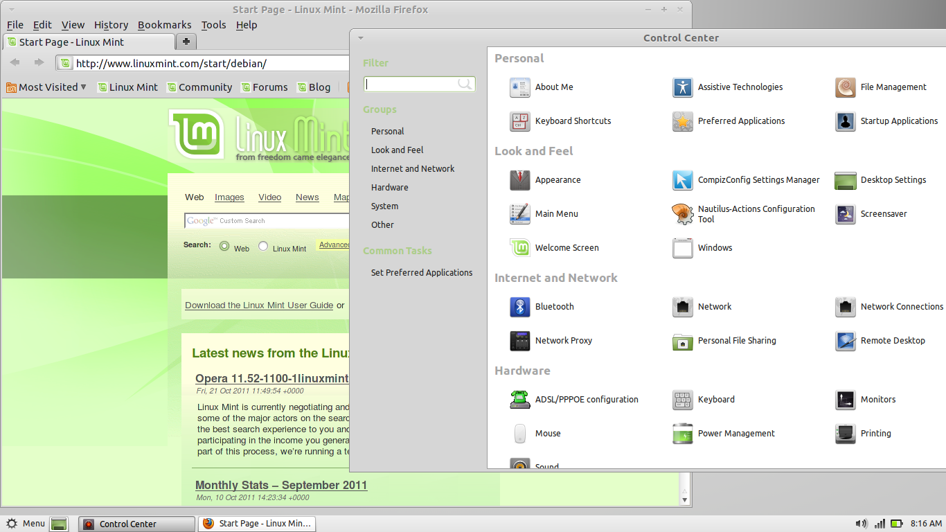 Linux Mint desktop screenshot: debian 201109 settings