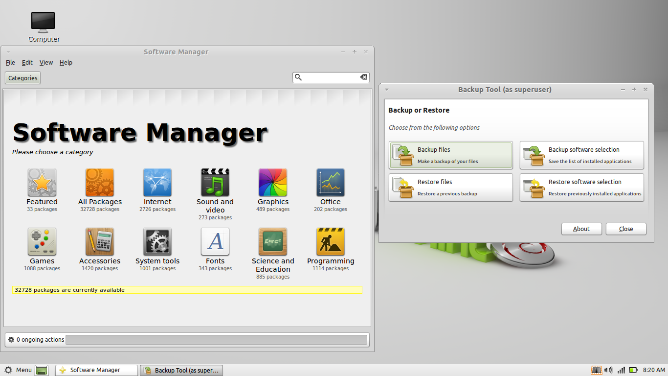 Linux Mint desktop screenshot: debian 201109 software