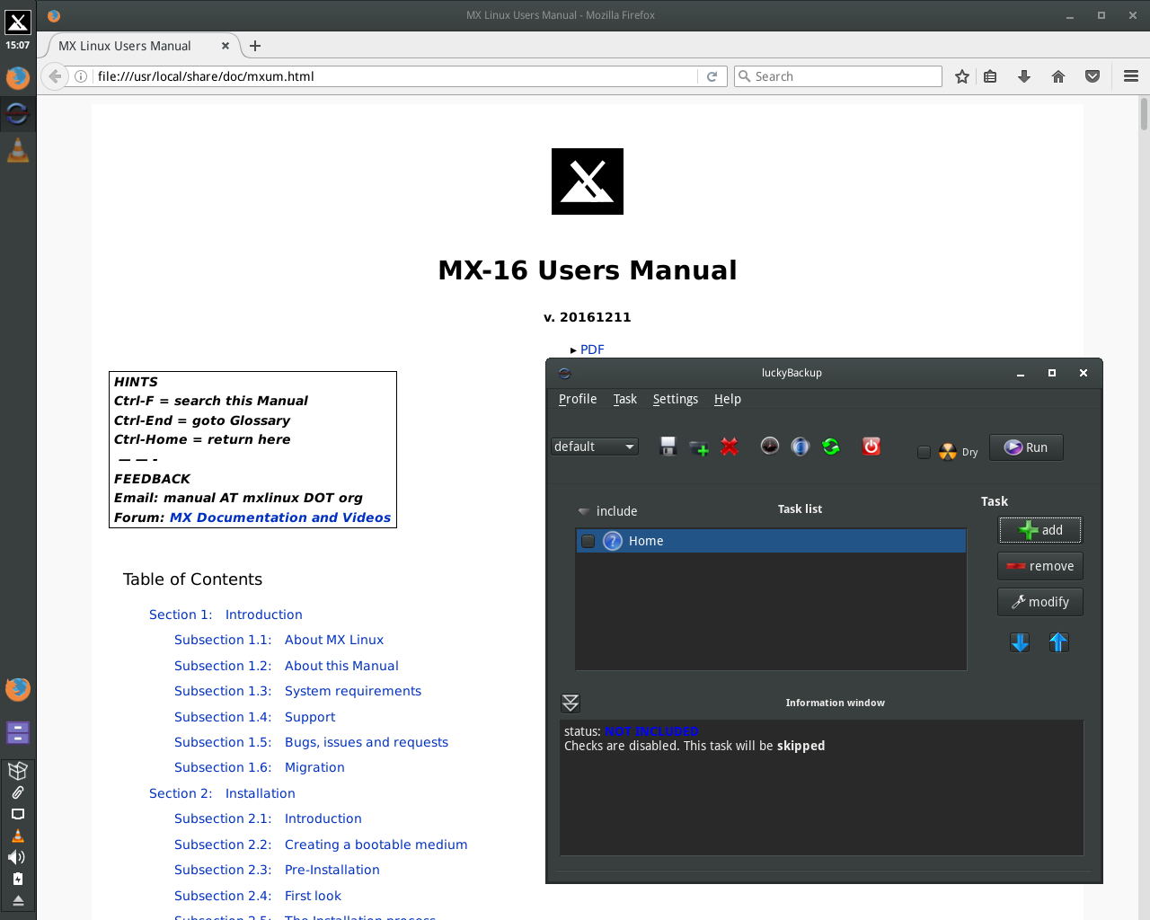 MX Linux desktop screenshot: 16 backups