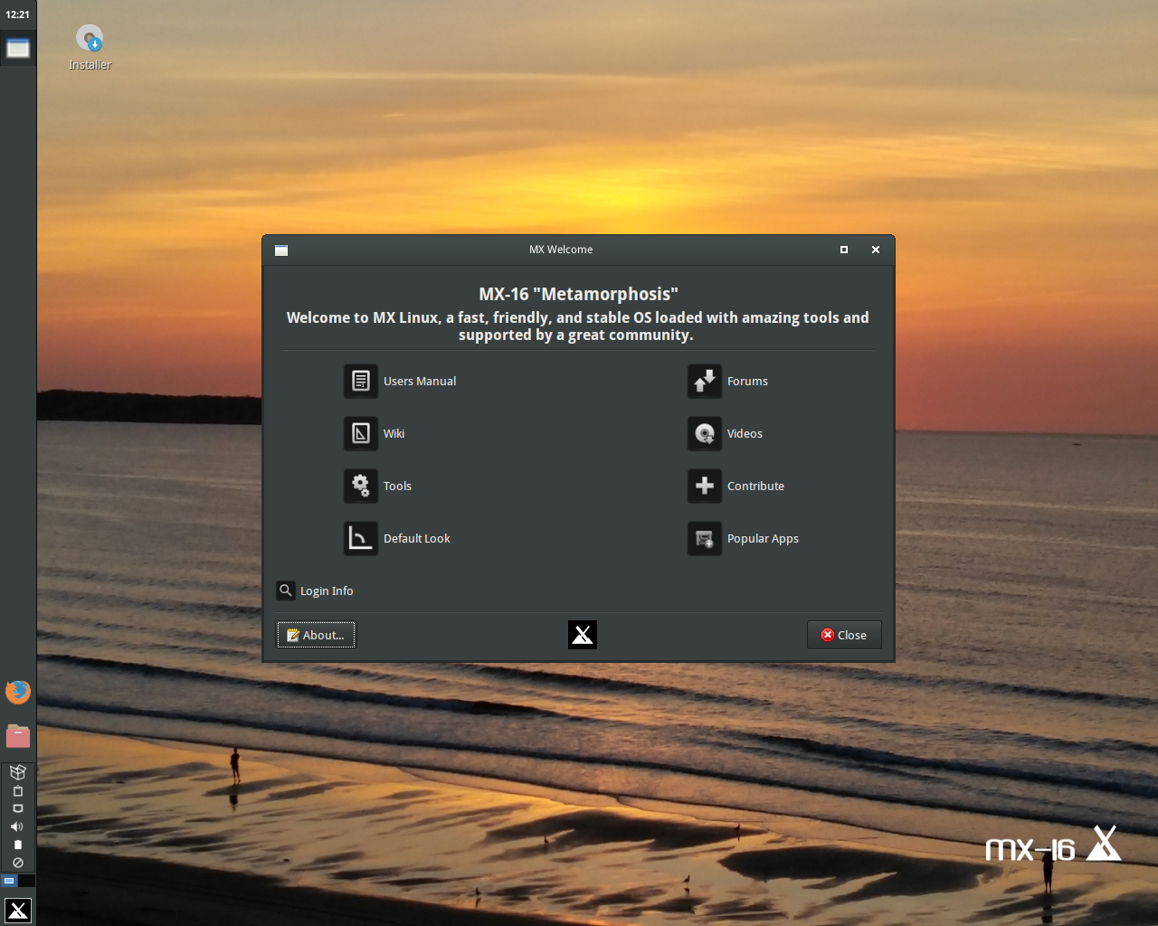 MX Linux desktop screenshot: 16 beta1