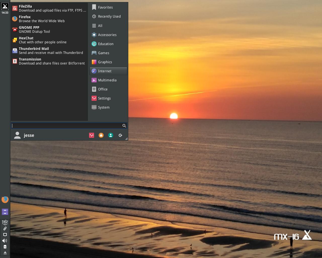 MX Linux desktop screenshot: 16 menu